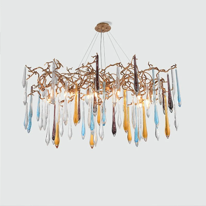 Модель B. Размер M/L. Овальная люстра. 10 ламп. Цвет латунь. Цвет подвесов разноцветный.