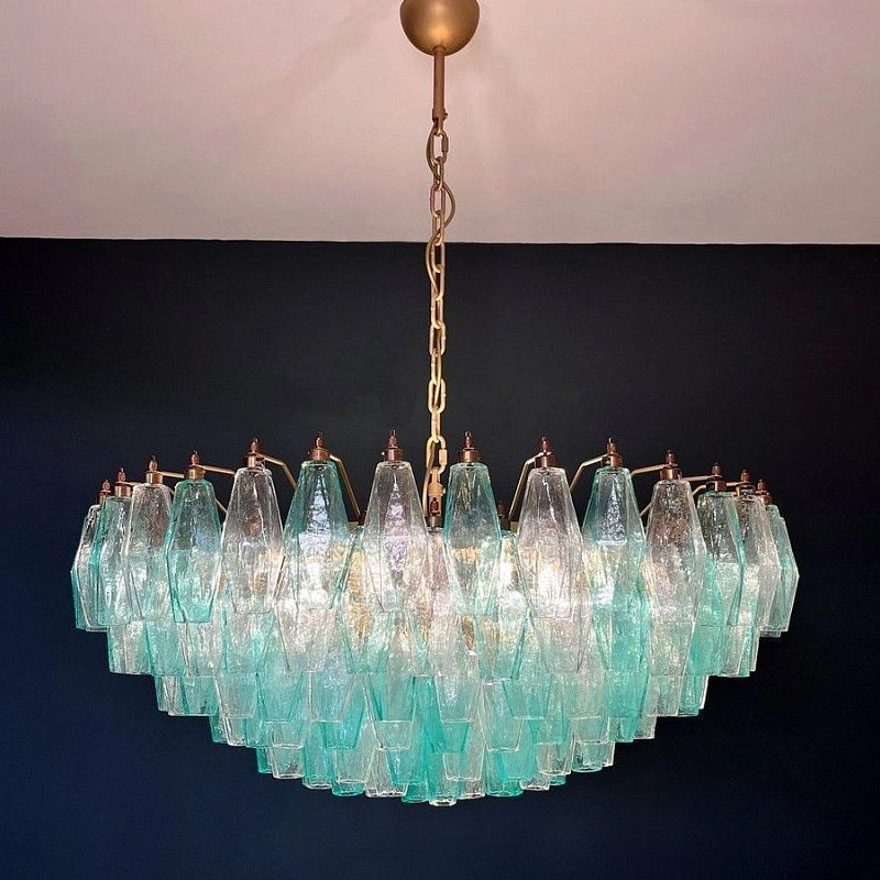 Винтажная люстра Murano Chandelier 185 Turquoise and Clear Poliedri Glass