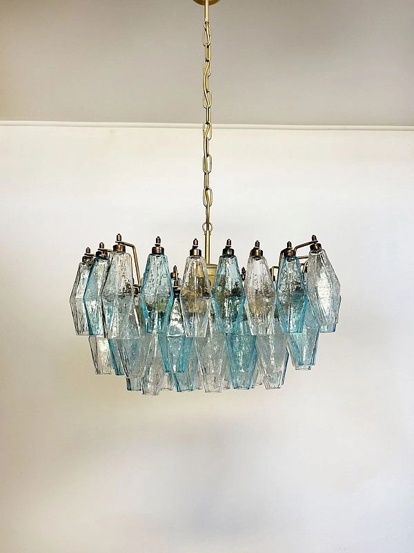 Винтажная люстра Murano Chandelier 56 Clear and Blue Poliedri Glass