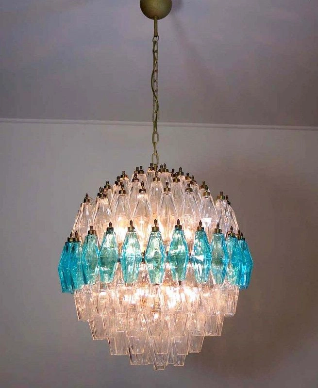 Винтажная люстра Murano Chandelier 140 Clear and Blue Poliedri Glass