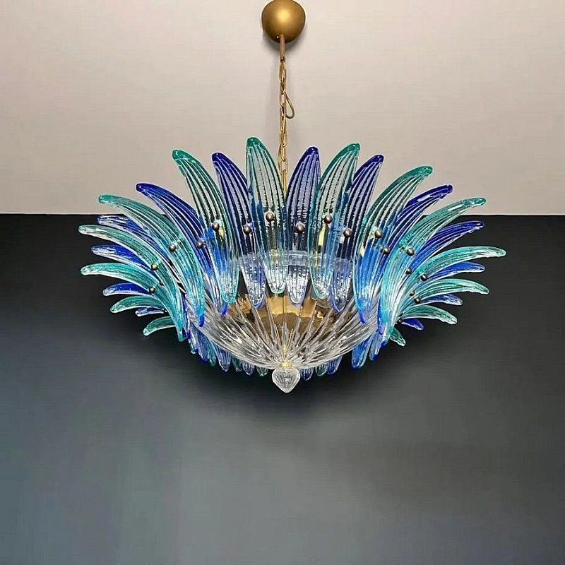 Винтажная люстра Murano Chandelier 36 Clear and Blue Palmette Glass