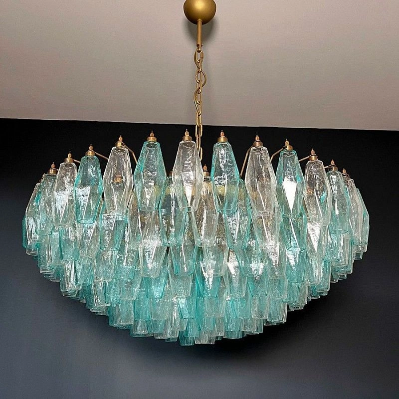Винтажная люстра Murano Chandelier 185 Turquoise and Clear Poliedri Glass