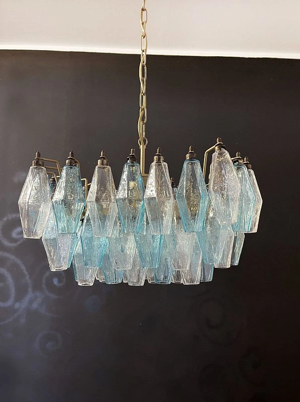 Винтажная люстра Murano Chandelier 56 Clear and Blue Poliedri Glass