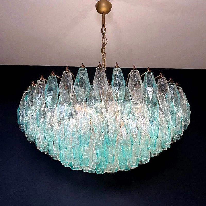 Винтажная люстра Murano Chandelier 185 Turquoise and Clear Poliedri Glass
