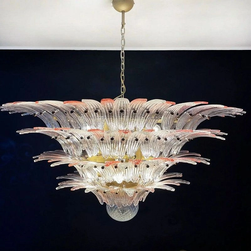 Винтажная люстра Murano Chandelier 163 Clear and Pink Palmette Glass
