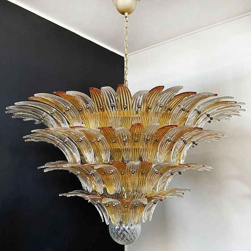 Винтажная люстра Murano Chandelier 163 Clear and Yellow Palmette Glass