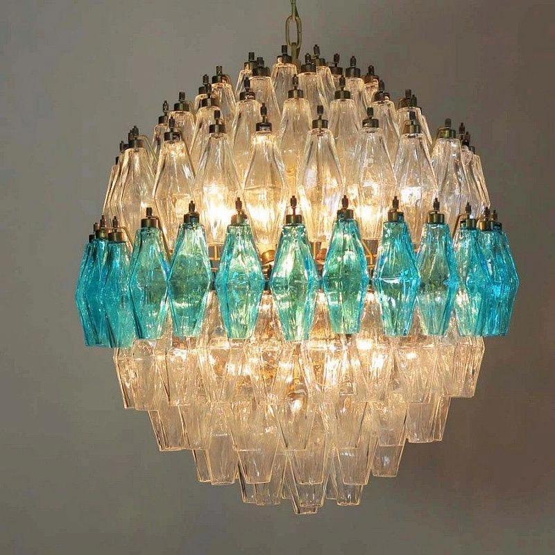 Винтажная люстра Murano Chandelier 140 Clear and Blue Poliedri Glass