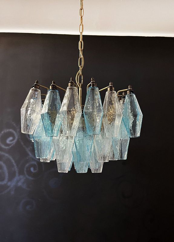 Винтажная люстра Murano Chandelier 56 Clear and Blue Poliedri Glass