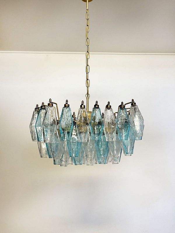 Винтажная люстра Murano Chandelier 56 Clear and Blue Poliedri Glass