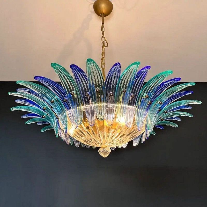 Винтажная люстра Murano Chandelier 36 Clear and Blue Palmette Glass
