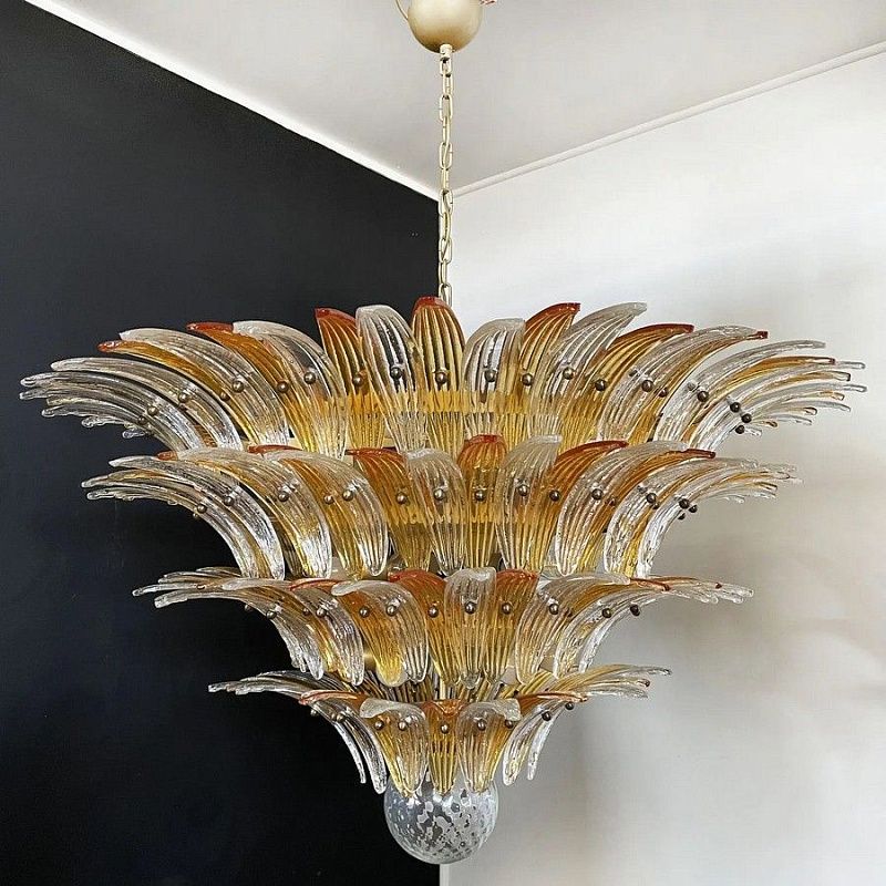 Винтажная люстра Murano Chandelier 163 Clear and Yellow Palmette Glass